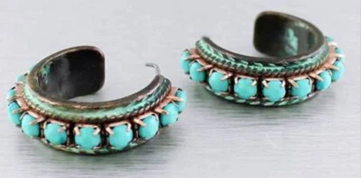 Серьги-гвоздики из полированной меди граненые акриловые бирюзовые металлические обручи патина - Изображение 1 из 2