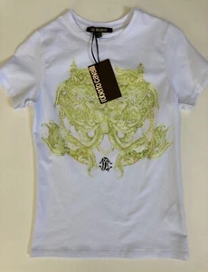 NUEVO CON ETIQUETAS Camiseta Roberto Cavalli Mezcla Algodón Blanco Estampado Cobra Logo Talla XS - Imagen 1 de 7
