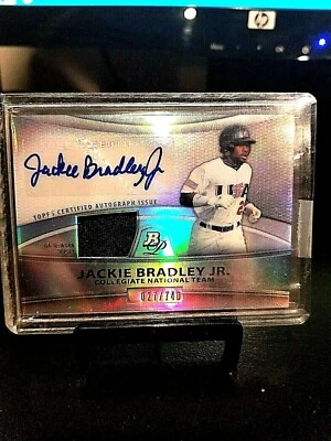 2010 JACKIE BRADLEY JR. BOWMAN PLATINUM REFRACTOR AUTO RELIC #27/740 MINT. - Image 1 of 4