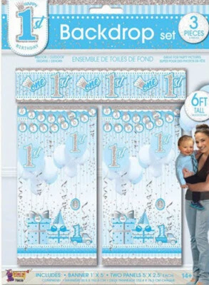 Niño 1er Cumpleaños Escena Setter Primera Fiesta Azul Pared Decoración Regalos Foto 1 de 2