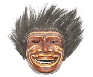Vintage 1990's Carved Wood Stained/Painted Tiki Mask w/ Real Horse or Boar Hair - Picture 1 of 8