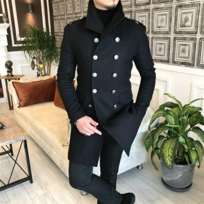 Men Wool Blend Pea Coat Long Double-breasted Overcoat Winter Thick Warm Jacket  - Image 1 of 4