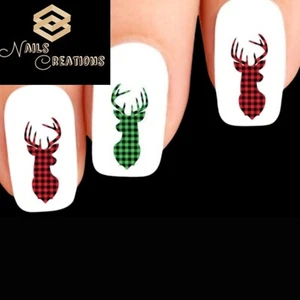 Red & Green Buffalo Plaid Deer Assorted Set of 20 Waterslide Nail Decals - Picture 1 of 3
