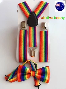 Kid Child Baby Costume Party Rainbow Colorful Stripe Brace Suspender bowtie set - Picture 1 of 11