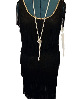 Disfraz de Halloween Charades Flapper flecos negros adornos de lentejuelas doradas talla L con cuentas Foto 1 de 4