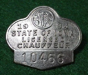 1934 IOWA Chauffeur Badge # 10466 - Picture 1 of 3