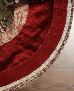Red Velvet Christmas Tree Skirt with Gold tone trim 46” Victorian Scroll Damask - Picture 1 of 5