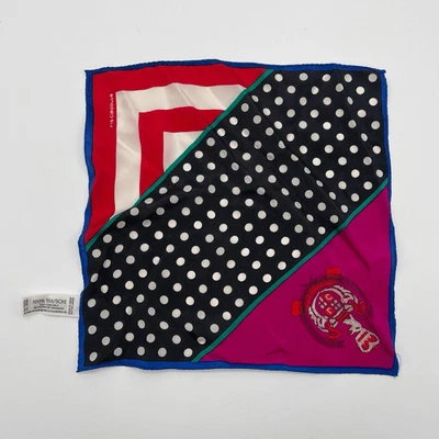 Vintage LIZ CLAIBORNE Silk Scarf Red Pink Blue Polka Dot Stripes Crest Square - Image 1 of 4