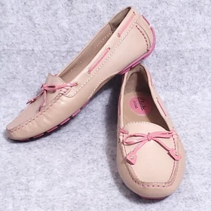 CLARKS ARTISAN WOMENS SHOE 8.5 DUNBAR RACER NUDE LEATHER DRIVING MOC LOAFER PINK - Picture 1 of 9