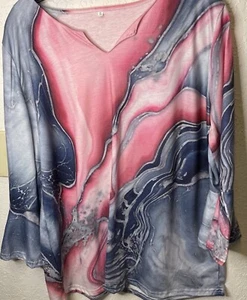 Women’ BOHO Blouse Top Ruffle 3/4 Sleeves V-neck Pink Blue White - Picture 1 of 8