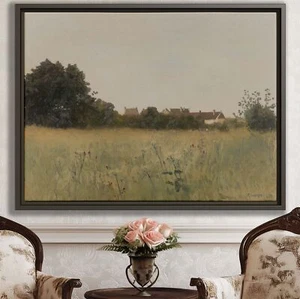 Countryside Field Oil Painting Canvas Print Rustic Wall Art Scenic Village Decor - Picture 1 of 9