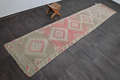 Vintage Turkish Runner Rug 2x12ft Wool Anatolian Handmade Hallway Oushak PINK - Image 1 of 4
