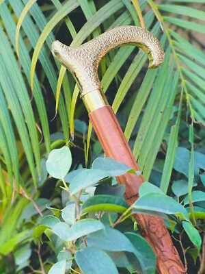 Antique Hand Carved Wooden Walking Stick Cane Solid Brass Handle Vintage Gift - Image 1 of 4