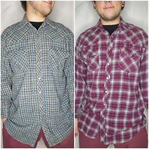 SET BESTEHEND AUS 2 Outlaw Western Wear karierten Flanellhemden mit Perlendruckknopf XLT Vintage EUC Tall - Bild 1 von 9