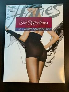 Hanes Silk Reflections Pantyhose High Waist Control Top Sz EF Barely Black -