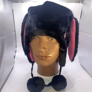 Playboy Womens Black Faux Rabbit Fur Bomber Hat With Ears Pink Lined Beanie Cute - Picture 1 of 10