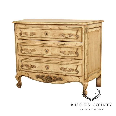 French Louis XV Style Quality Distressed Painted 3 Drawer Chest Cover
