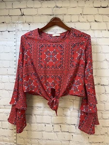 Altar'd State Women's Small Mackenzie Bandana Top Red Floral Boho Bell Sleeves - Picture 1 of 7