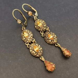 Michal Negrin Earrings Sparkly Golden Crystals Long Cocktail Runway Party Yellow - Picture 1 of 12