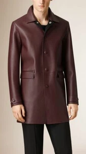 Men Genuine Leather Long Coat/Trench Coat Brown Collared & Leather Buttons - Picture 1 of 2