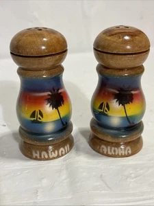 Hawaii Aloha Salt and Pepper Shakers Wooden. Colorful Sunset Sailing Painted - Picture 1 of 6
