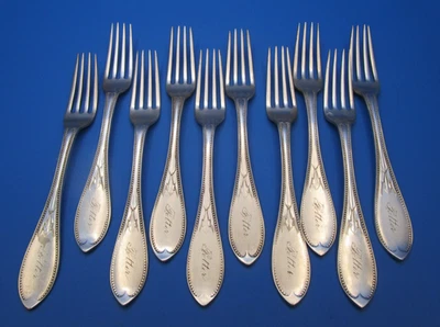 DIEZ (10) HORQUILLAS de cena vintage YS & Co plato de plata grabado escritura nombre POTTER Foto 1 de 4