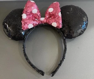 Disney Minnie Mouse Pailletten Ohr Stirnband schwarz Ohren rosa Schleife weiß gepunktet - Bild 1 von 4