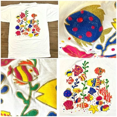 MBC XL Bright Glitter Screen Print Fish  Tropical Puffy Shirt Cotton Made in USA - Image 1 of 4