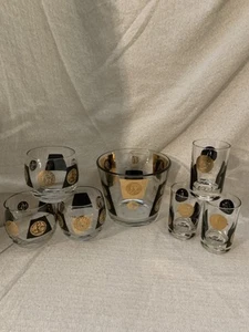 Vasos y cubo de hielo vintage de 7 piezas Cera MCM oro 22K negros de BOB WALLACK - Imagen 1 de 24