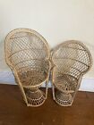2 Vintage Doll Sized Peacock Wicker Chair Plant Stand Rattan Decor 20” & 16” Tal