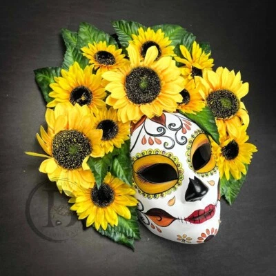 Day of the Dead Dia de los Muertos Full Face Masquerade Mask with Sunflowers - Image 1 of 2