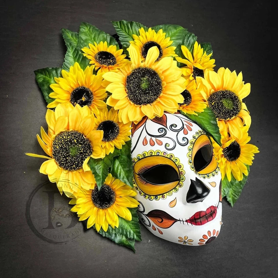 Day of the Dead Dia de los Muertos Full Face Masquerade Mask with Sunflowers - Image 1 of 2