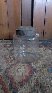 Antique Early Country Glass Apothecary Storage Jar Metal Tin Lid 7.5" - Picture 1 of 8