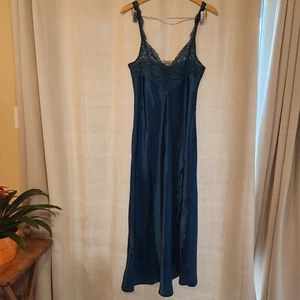 Vestido sin mangas vintage años 80 Victoria’s Secret verde azulado oscuro malla satinada encaje, L - Imagen 1 de 9