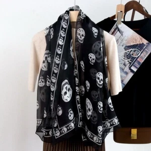 Women Girls 100% Mulberry Chiffon Silk Skull Scarf Large Square Skeleton Scarves - Picture 1 of 16