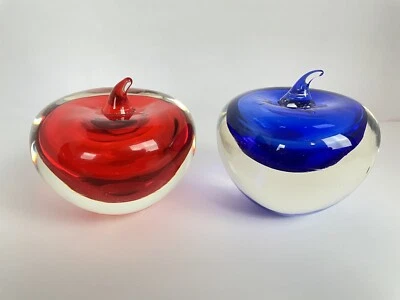 Vintage Cobalt Blue & Ruby Red Hand Blown Glass Apple Paperweight Figurine Set 2 - Image 1 of 4