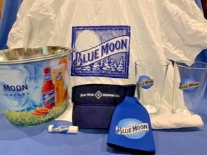 Blue Moon Beer Gift Pack - Ice Bucket 2 Glasses T-Shirt Visor Koosie & Lip Balm - Picture 1 of 9