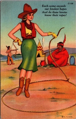 Pinup Vaquera Cuerda Escena Curt Teich Dude Ranch Cómics Lino Postal 1942 Foto 1 de 2
