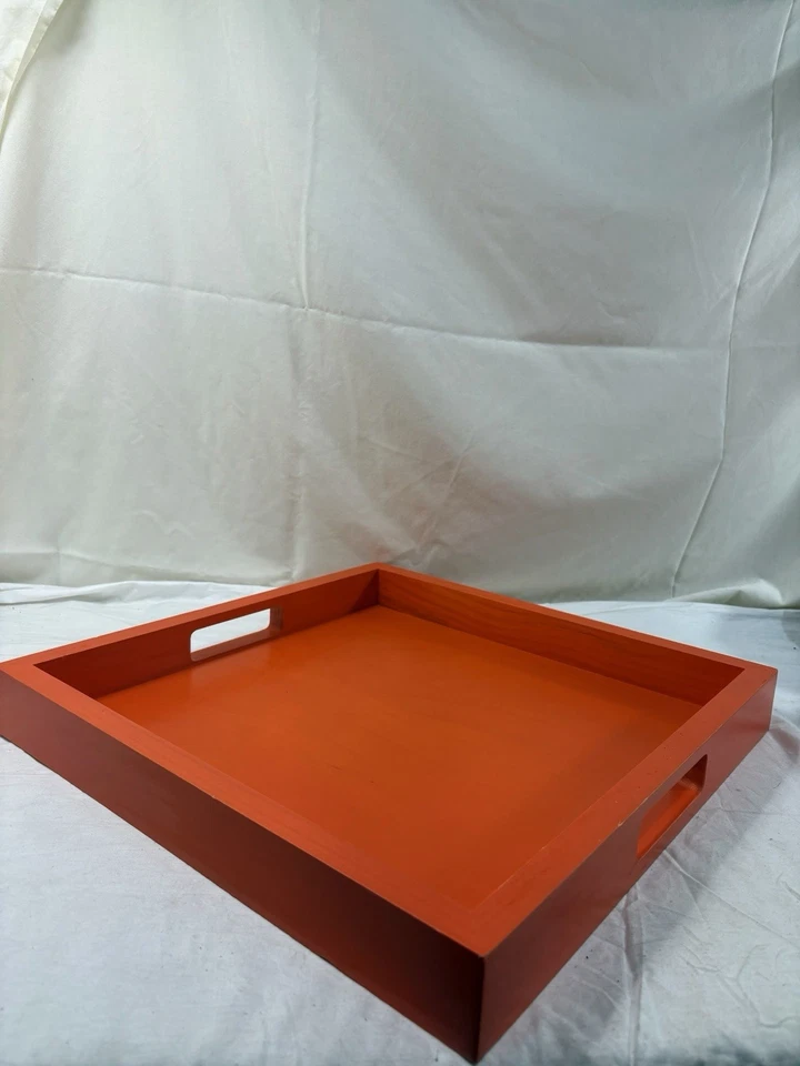 Crate & Barrel Orange Wooden Tray Square 16” Backyard Indoor Drink Holder - Image 1 of 4