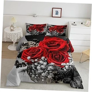 Rose Floral Bedding Set Size, Romantic Red Flowers Comforter Set Queen Multi 06 - Picture 1 of 7