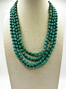 C1946 Four Strand Teal Blue Wood And Glass Crystal Beaded Layered Necklace - Picture 1 of 21