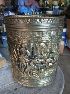 Vintage English Embossed Brass Trash Can. - Picture 1 of 5