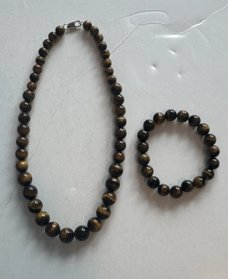 "Collar y pulsera elástica vintage de 17"" con cuentas de ojo de tigre" Foto 1 de 1