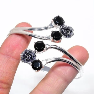 Black Spinel Gemstone Handmade 925 Sterling Silver Jewelry Bangle Sz 7-8" - Picture 1 of 1