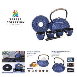 Blue Floral Japanese Style Tetsubin Tea Kettle with 4 Cups, Stainless Steel I... - Picture 1 of 8