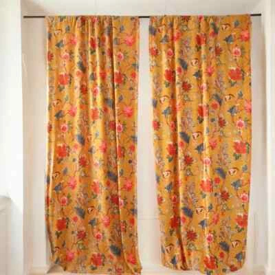 Cortina de lujo vintage de terciopelo de algodón color amarillo estampado de pájaros, cortinas boho Foto 1 de 4