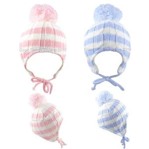 Baby Bobble Hat with Chin Ties Knitted Winter Hat Girl Boy Striped Newborn-12 M - Picture 1 of 13