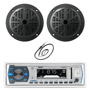 Pyle Bluetooth Marine Receiver, 2x 6.5'' 120W Black Speakers, Antenna - Picture 1 of 5