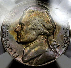 1956-D Jefferson Nickel Superb Gem BU NGC MS-66 Beautiful Toning, Rainbow Tones! - Picture 1 of 10