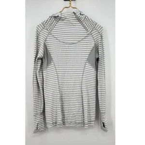 Lululemon Base Runner Grey White Striped Hooded Sweatshirt Size 8 - Picture 1 of 11